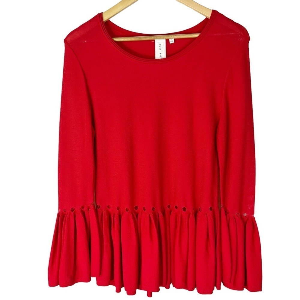 Anthropologie Guest Editor Red Peplum Bell Sleeve Blouse S Office Romantic Bold‎